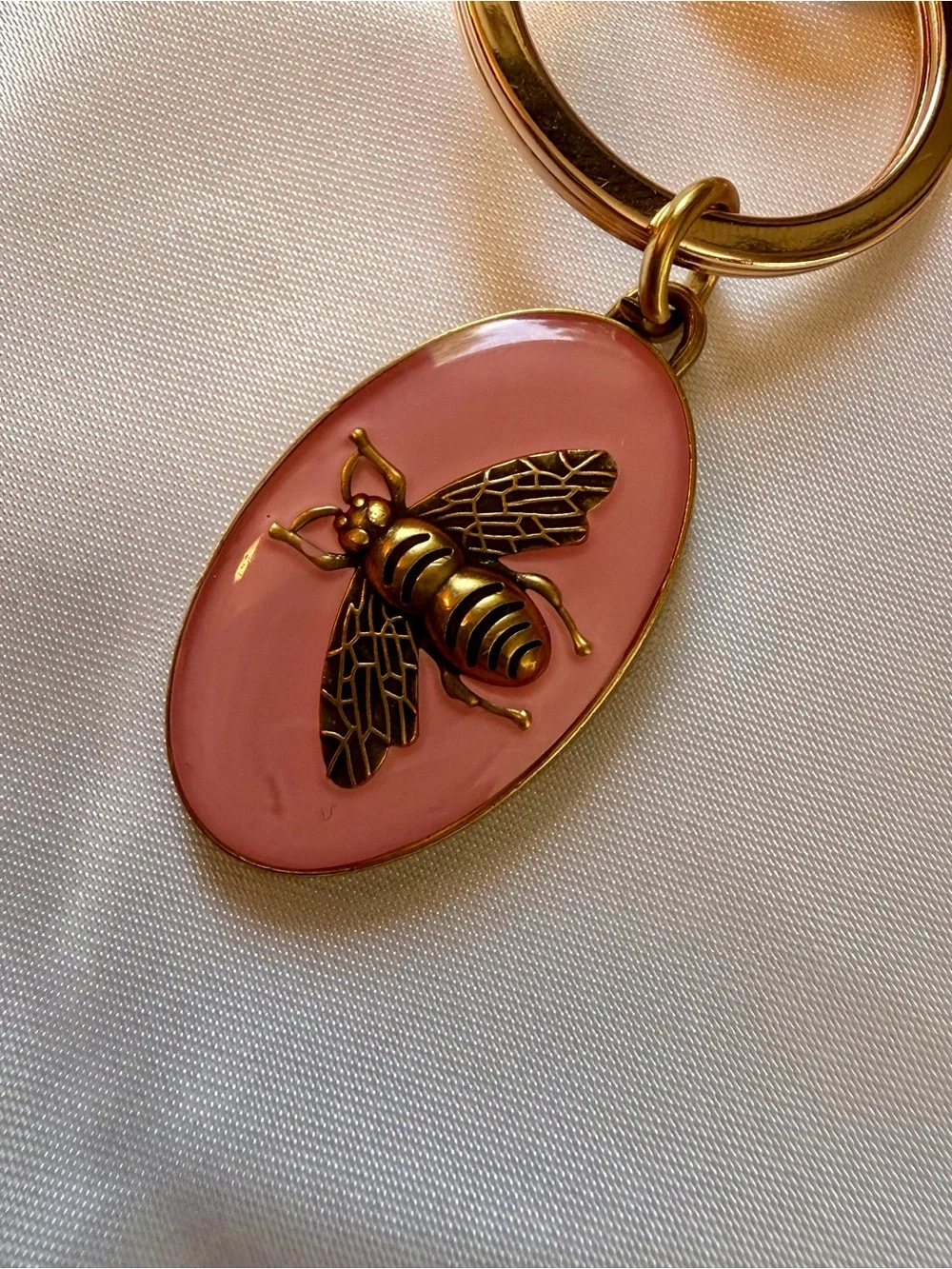 Luxury Gold Bee Keychain with Pink Enamel Oval Charm